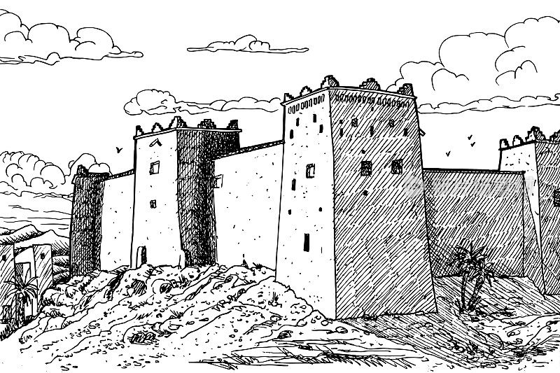 卡斯巴陶尔尔特(Kasbah taoururt)，前堡垒宫殿，位于瓦尔扎扎特村。摩洛哥沙漠中的一个城镇，主要居住着柏柏尔人。墨水画画。